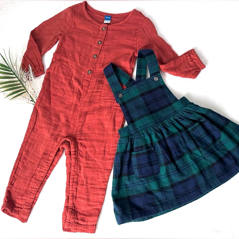 Set of 2️⃣ 🤩 Green/blue Plaid Overall Skirt dress  & Baby Romper/jumpsuit